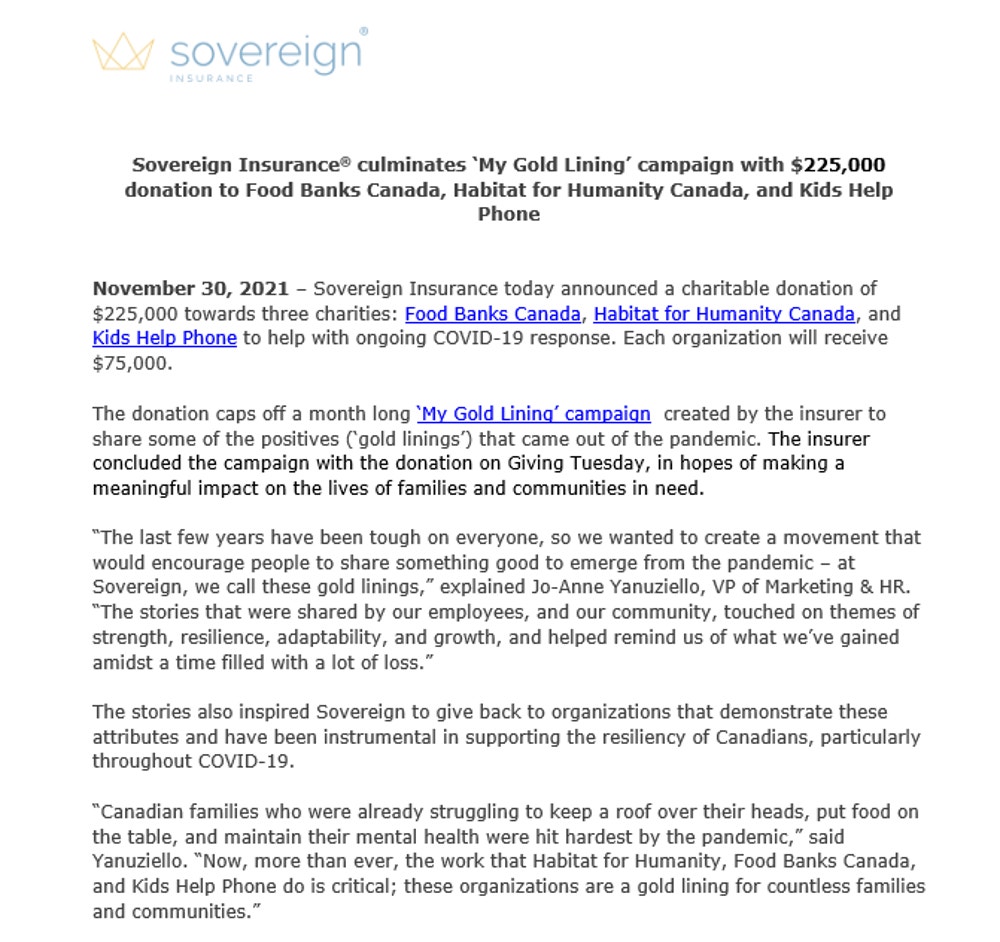 Une capture d'écran du communiqué de presse "La campagne Mon Or en Plein Orage" en anglais